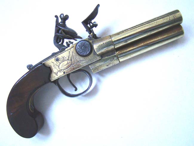 A RARE and possibly UNIQUE English Three-barrel Boxlock Flintlock Pistol by Samuel Oakes of London circa 1770